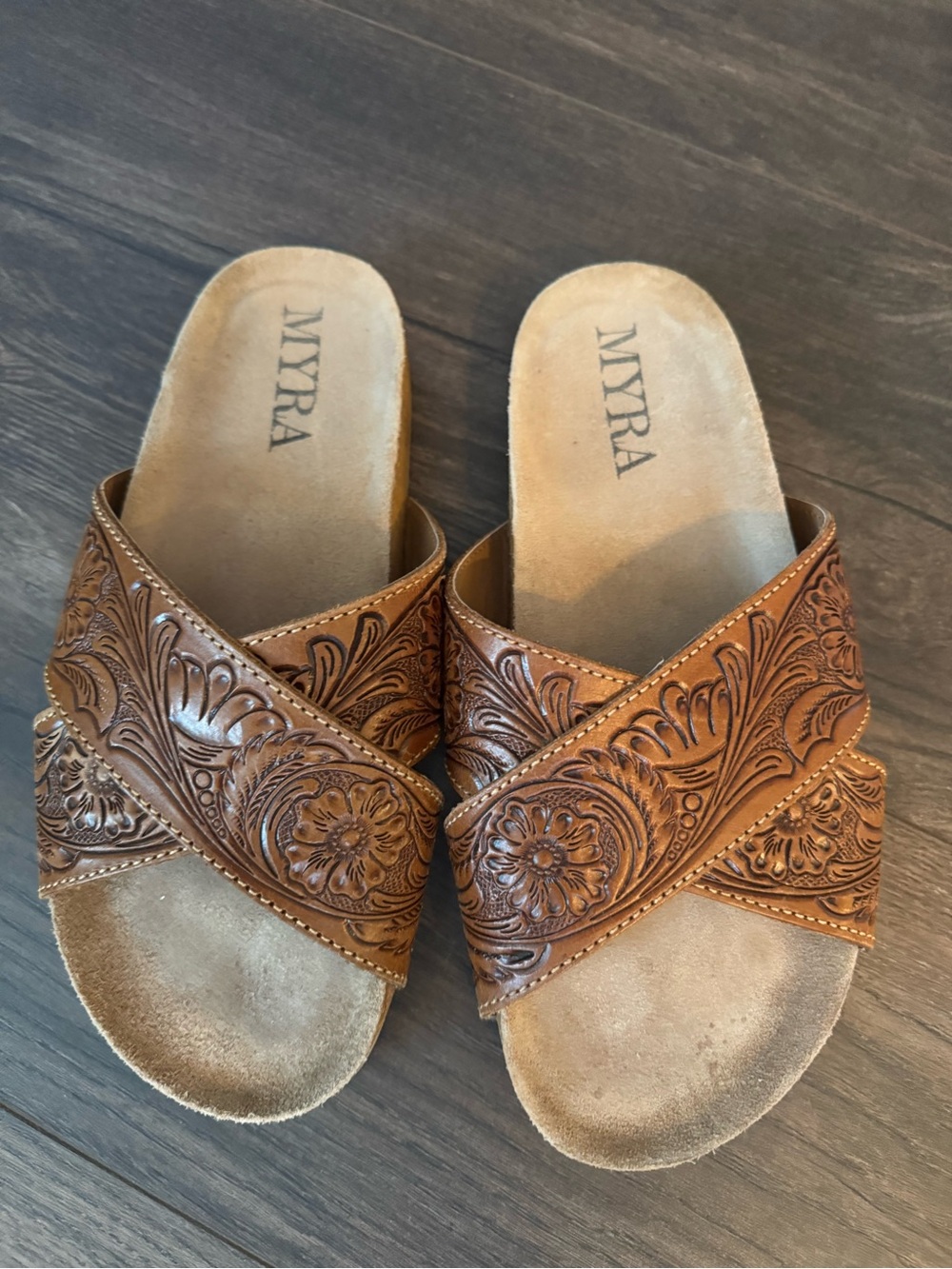Myra Bag Tan Floral Tooled Leather Slide Mules